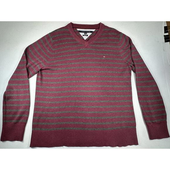 Tommy Hilfiger Men L Maroon/Gray Striped Pima Cotton Sweater - Picture 1 of 8